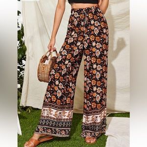 Women Tie Front Floral Print Wide Leg Pants (Size : Small)